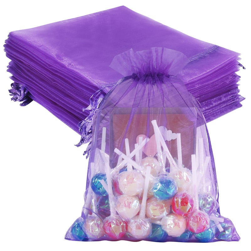 HRX Package 100pcs Organza Bags 6 x 9 inches, Purple Large Mesh Gift Drawstring Bags for Christmas Wedding Shower Party Favors Jewelry Samples - Image 1